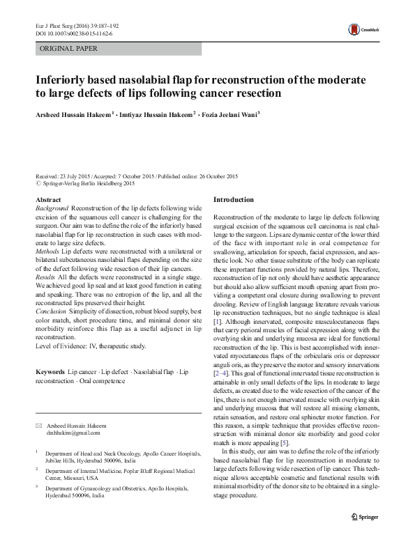 (PDF) Inferiorly based nasolabial flap for reconstruction of the ...