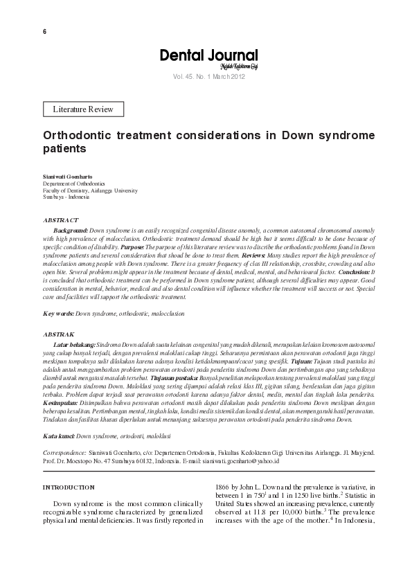(PDF) Orthodontic treatment considerations in Down syndrome patients