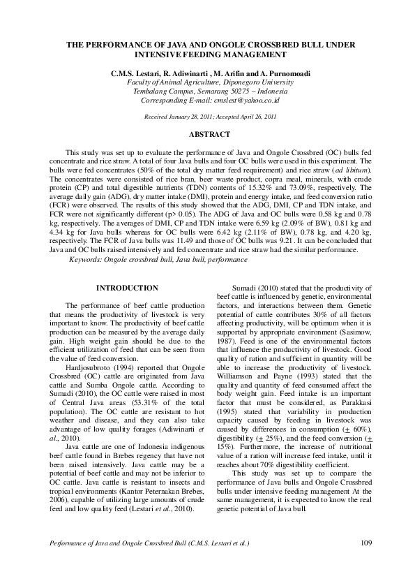 (PDF) The Performance of Java and Ongole Crossbred Bull Under Intensive ...