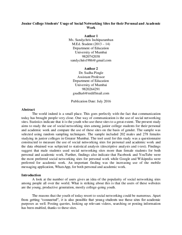 (PDF) Junior College Students' Usage of Social Networking Sites for ...