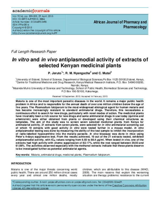 (PDF) In vitro and in vivo antiplasmodial activity of extracts of ...