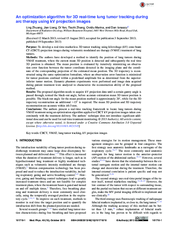 (PDF) An optimization algorithm for 3D real‐time lung tumor tracking ...