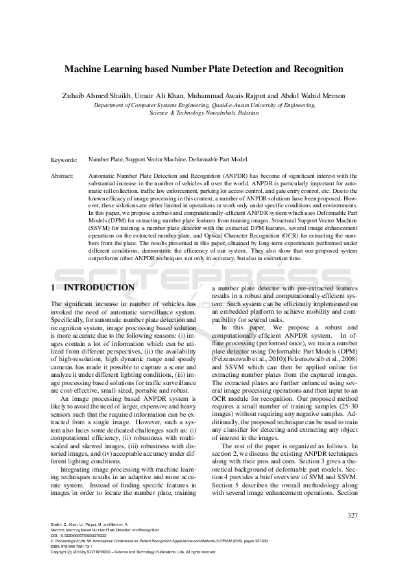 (PDF) Machine Learning based Number Plate Detection and Recognition