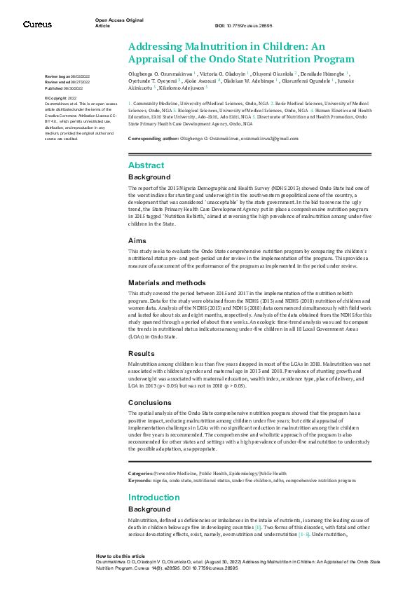 (PDF) Addressing Malnutrition in Children: An Appraisal of the Ondo ...