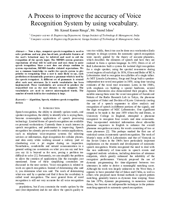 (PDF) A Process to improve the accuracy of Voice Recognition System by ...