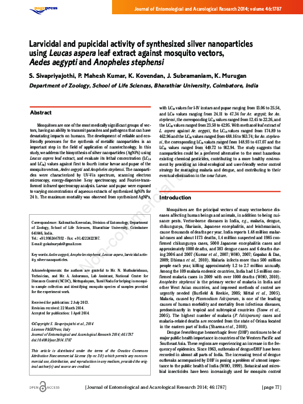 (PDF) Larvicidal and pupicidal activity of synthesized silver ...