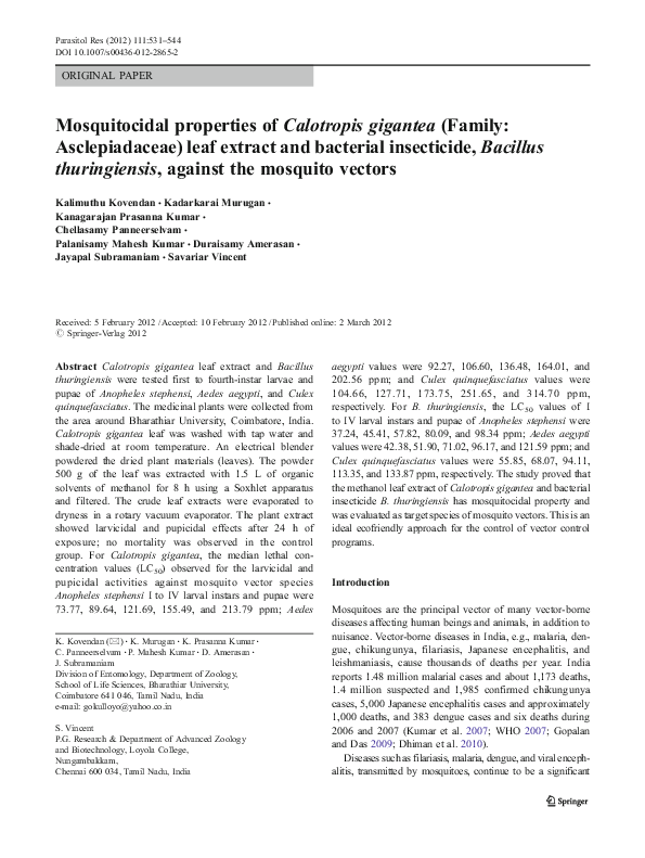 (PDF) Mosquitocidal properties of Calotropis gigantea (Family ...
