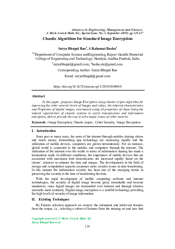 (PDF) Chaotic Algorithm for Standard Image Encryption