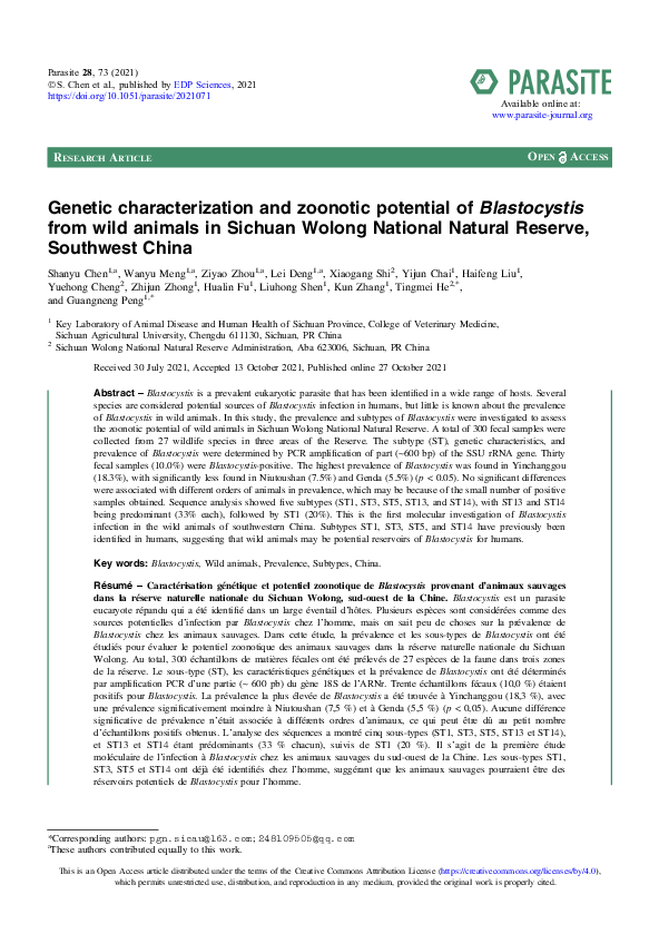 (PDF) Genetic characterization and zoonotic potential of Blastocystis ...