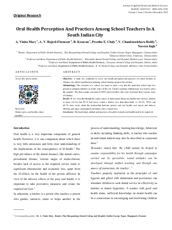 (PDF) Oral Health Perception And Practices Among School Teachers In A ...