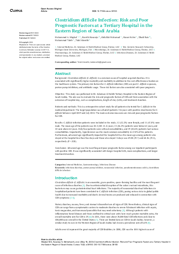 (PDF) Clostridium difficile Infection: Risk and Poor Prognostic Factors ...