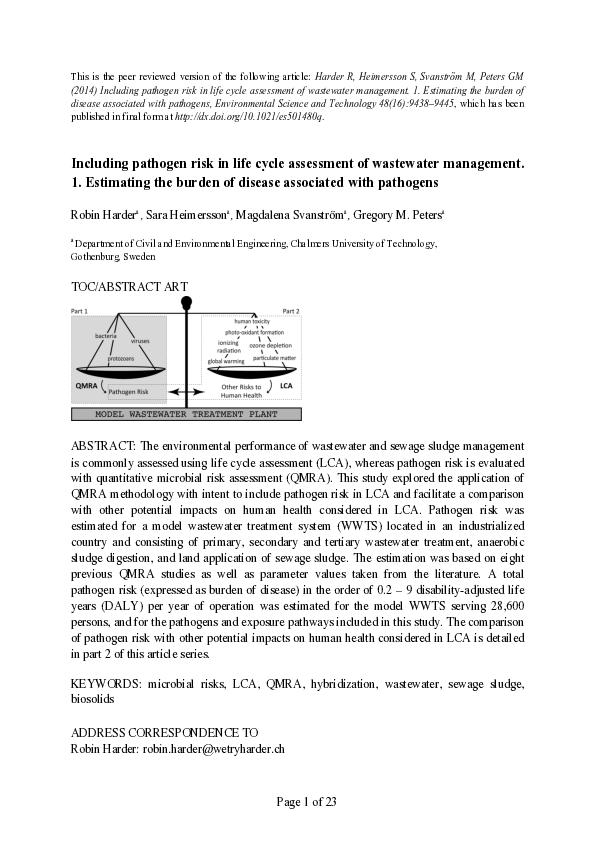 (PDF) Including Pathogen Risk in Life Cycle Assessment of Wastewater ...