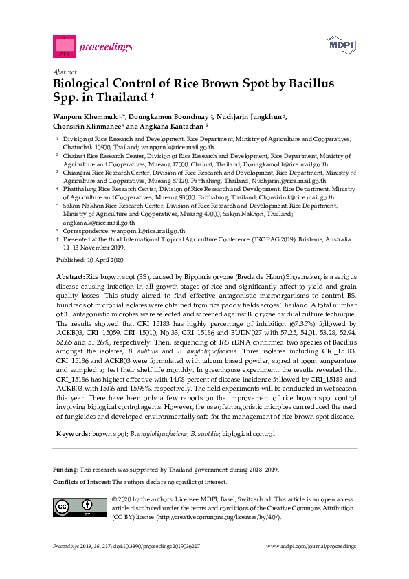 (PDF) Biological Control of Rice Brown Spot by Bacillus Spp. in Thailand