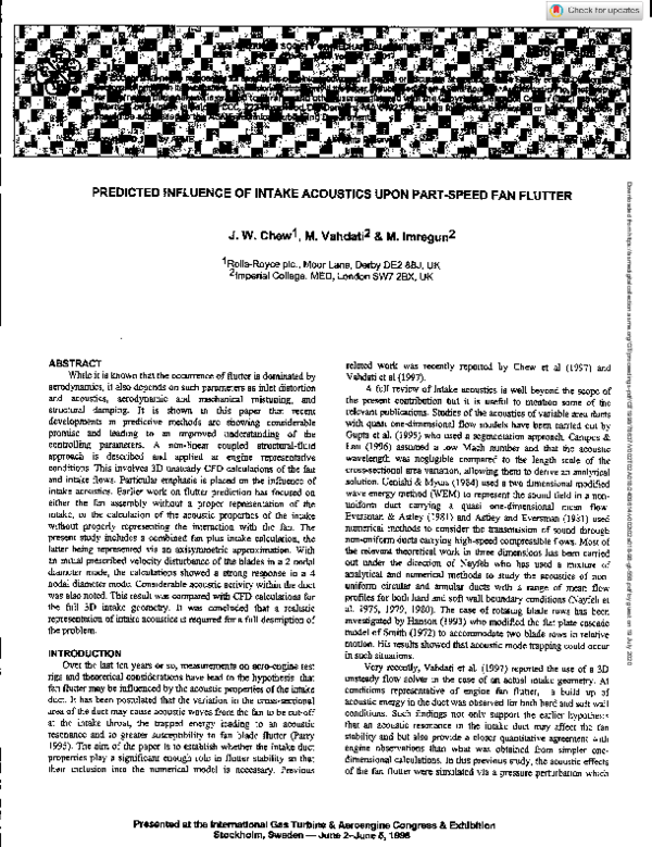 (PDF) Predicted Influence of Intake Acoustics Upon Part-Speed Fan Flutter
