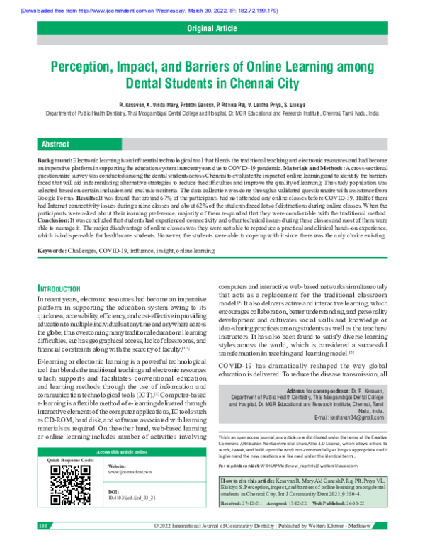 (PDF) Perception, Impact, and Barriers of Online Learning among Dental ...