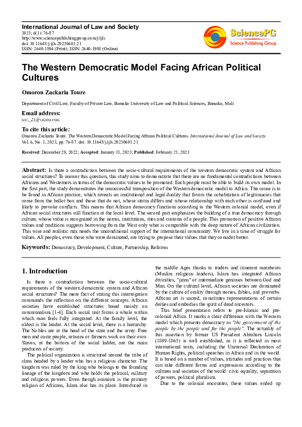 (PDF) The Western Democratic Model Facing African Political Cultures