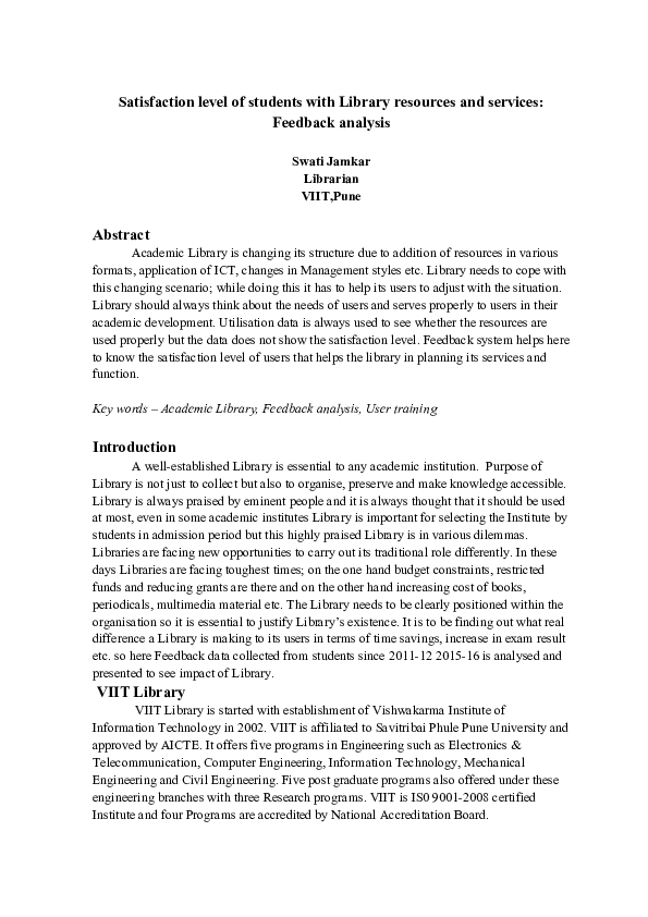 (DOC) Satisfaction level of students with Library resources and ...