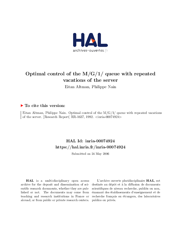 (PDF) Optimal control of the M/G/1 queue with repeated vacations of the ...
