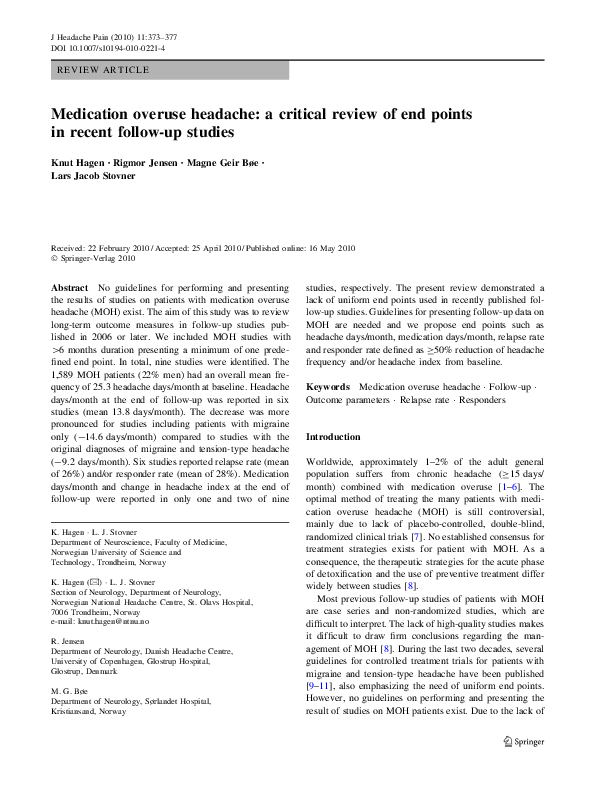 (PDF) Medication overuse headache: a critical review of end points in ...