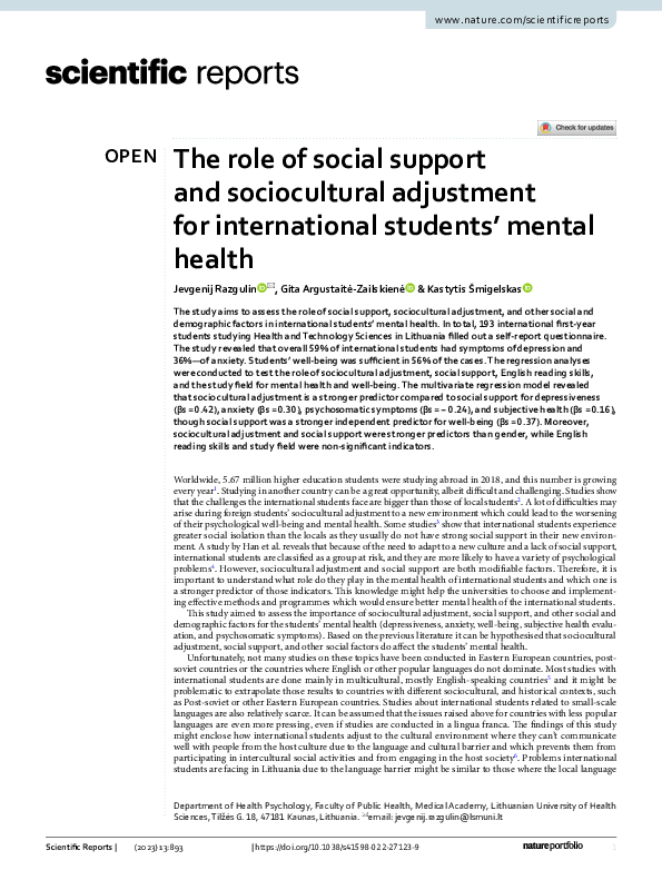 (PDF) The role of social support and sociocultural adjustment for ...