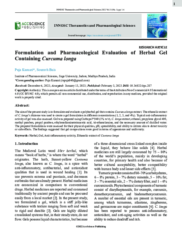 (PDF) Formulation and Pharmacological Evaluation of Herbal Gel ...