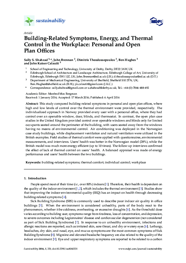 (PDF) Building Related Symptoms, Energ, and Thermal Comfort in the ...