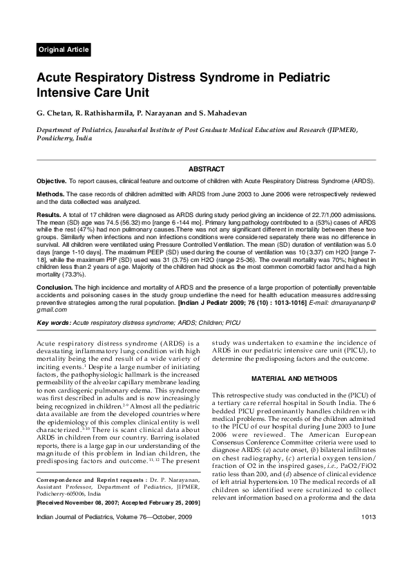 (PDF) Acute respiratory distress syndrome in pediatric intensive care unit