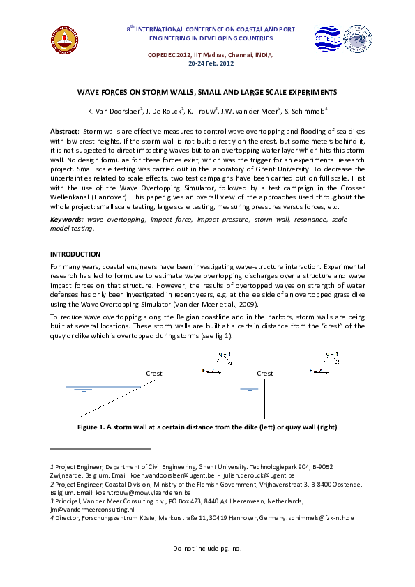 (PDF) Wave Forces on Storm Walls, Small and Large Scale Experiments