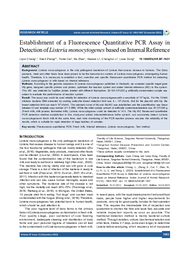 (PDF) Establishment of a Fluorescence Quantitative PCR Assay in ...