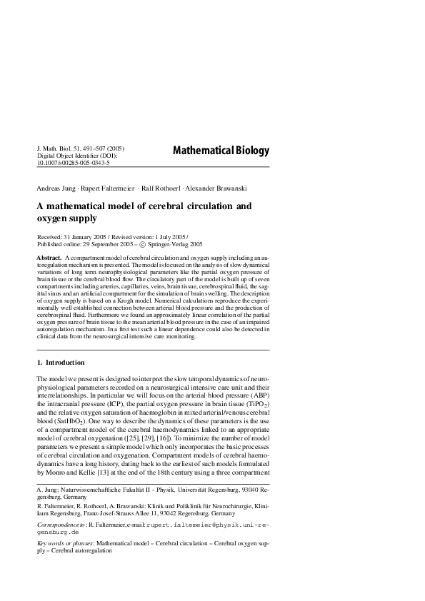 (PDF) A mathematical model of cerebral circulation and oxygen supply