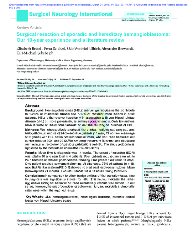 (PDF) Surgical resection of sporadic and hereditary hemangioblastoma ...