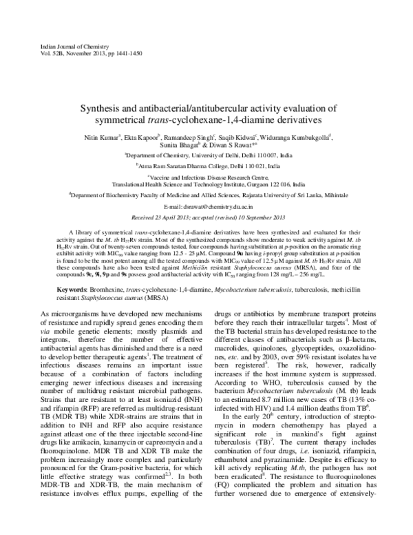 (PDF) Synthesis and antibacterial/antitubercular activity evaluation of ...