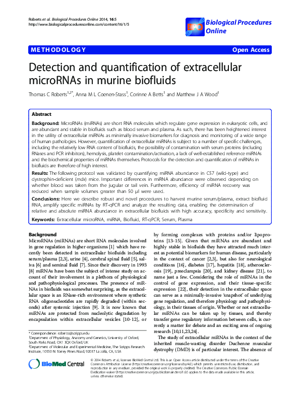(PDF) Detection and quantification of extracellular microRNAs in murine ...