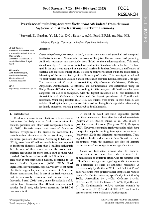 (PDF) Prevalence of multidrug-resistant Escherichia coli isolated from ...