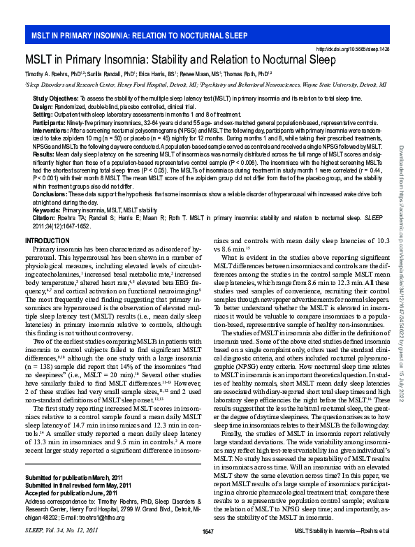 (PDF) MSLT in Primary Insomnia: Stability and Relation to Nocturnal Sleep