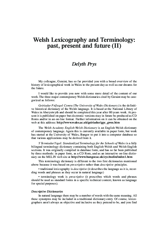 (PDF) Welsh Lexicography and Terminology: Past, present and future (II)