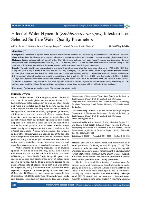 (PDF) Effect of Water Hyacinth (Eichhornia crassipes) Infestation on ...