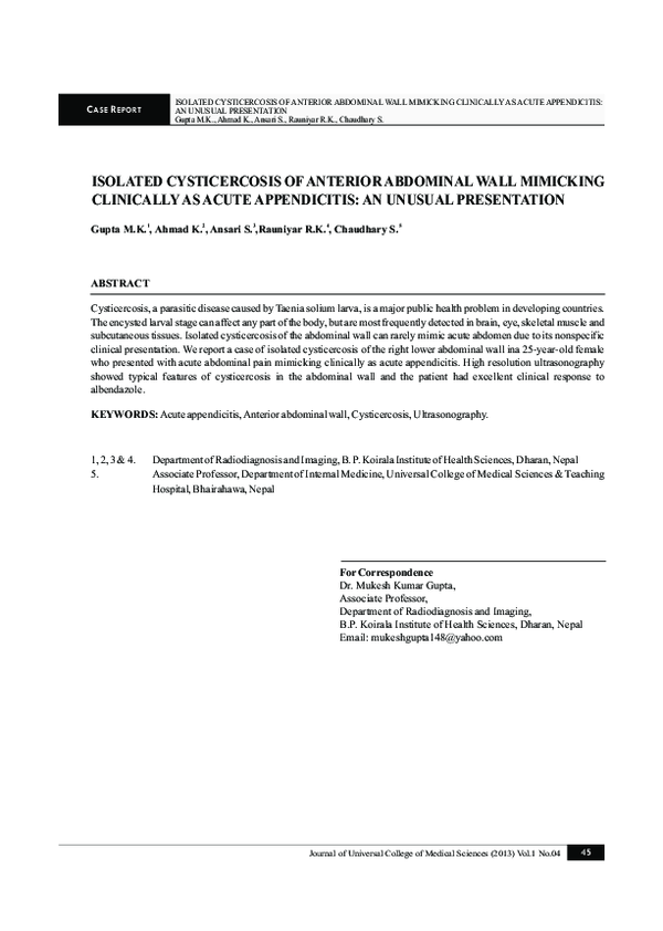 (PDF) Isolated cysticercosis of anterior abdominal wall mimicking ...