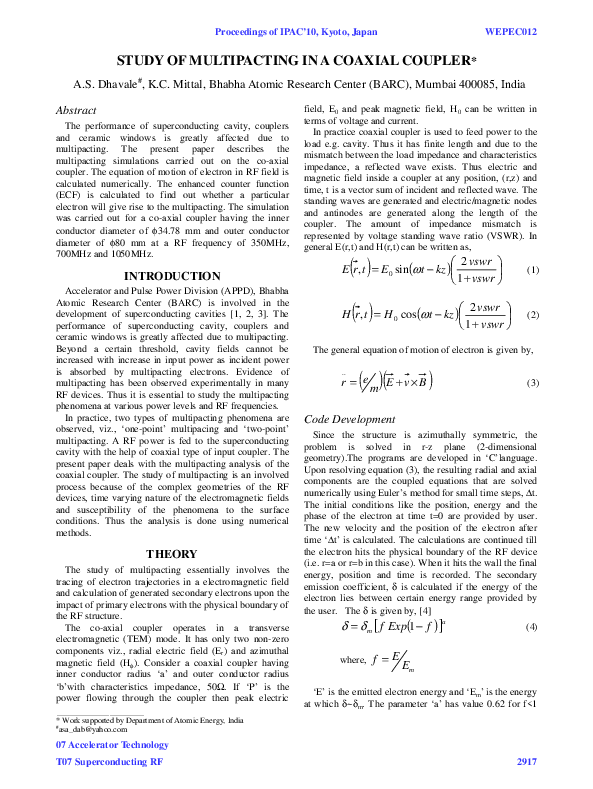 (PDF) Study of Multipacting in a Coaxial Coupler