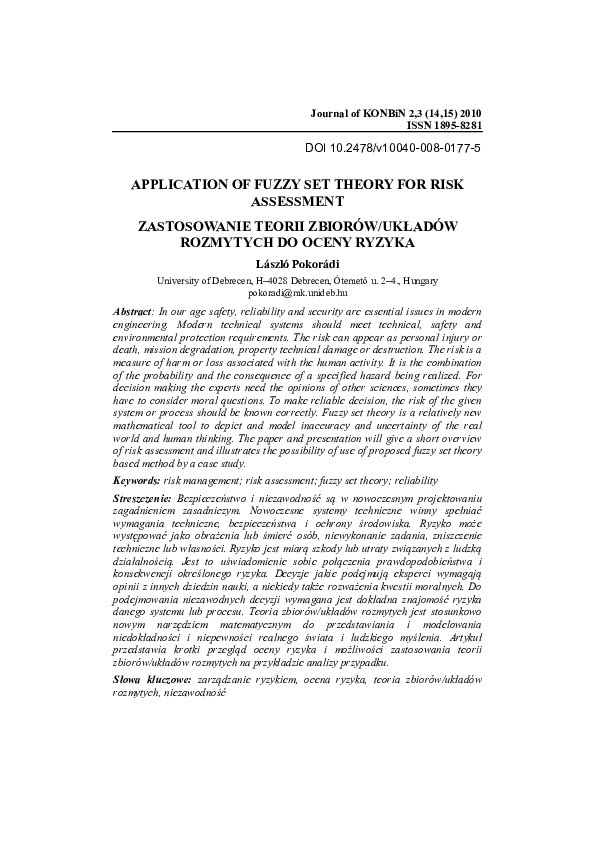 (PDF) Application of Fuzzy Set Theory for Risk Assessment
