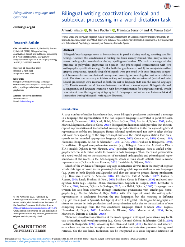 (PDF) Bilingual writing coactivation: Lexical and sublexical processing ...