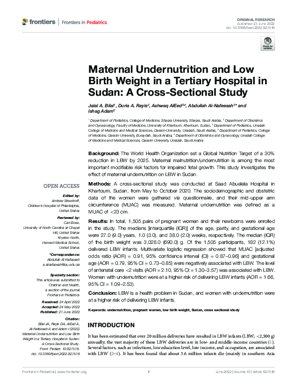 (PDF) Maternal Undernutrition and Low Birth Weight in a Tertiary