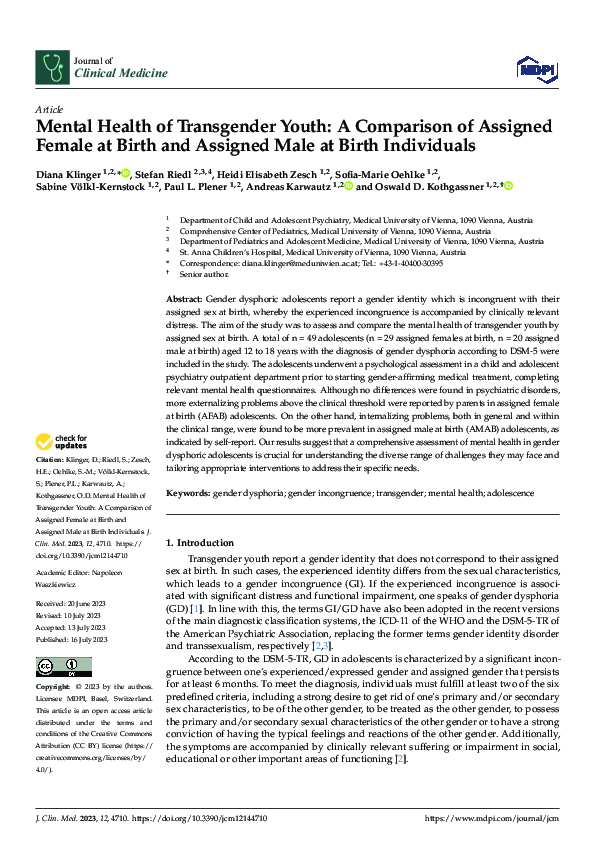 (PDF) Mental Health of Transgender Youth: A Comparison of Assigned ...