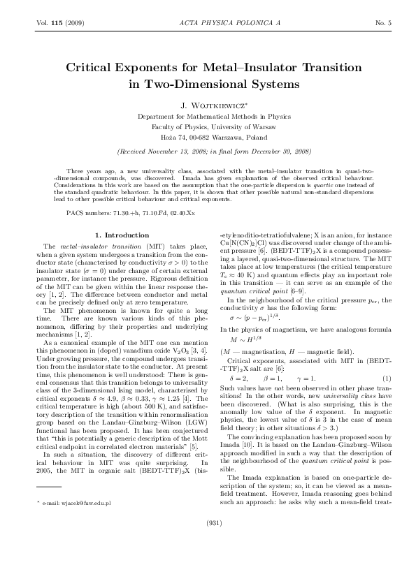 (PDF) Critical Exponents for Metal-Insulator Transition in Two ...