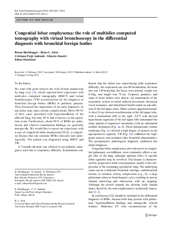 (PDF) Congenital lobar emphysema: the role of multislice computed ...