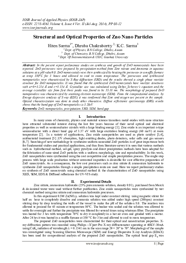 (PDF) Structural and Optical Properties of Zno Nano Particles