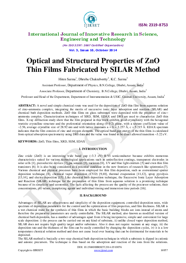 (PDF) Optical and Structural Properties of ZnO Thin Films Fabricated by ...