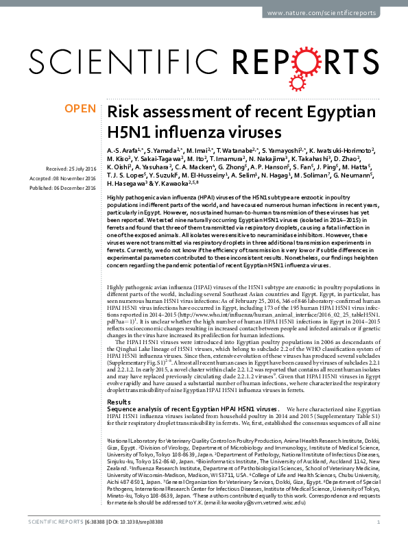 (PDF) Risk assessment of recent Egyptian H5N1 influenza viruses