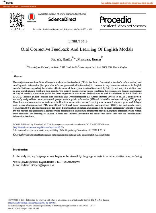 (PDF) Oral Corrective Feedback and Learning of English Modals