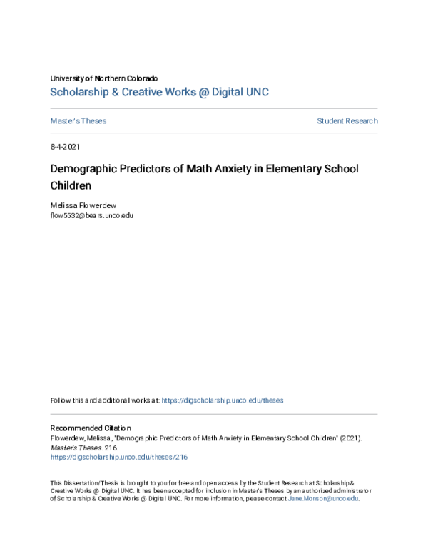 (PDF) Demographic Predictors of Math Anxiety in Elementary School Children